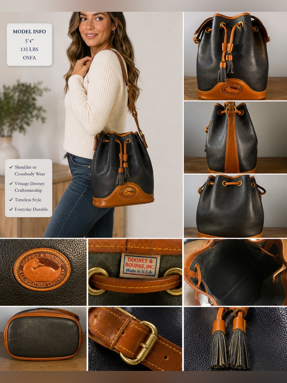 Dooney & Bourke Vintage AWL Drawstring Bucket Bag Navy Blue & British Tan USA